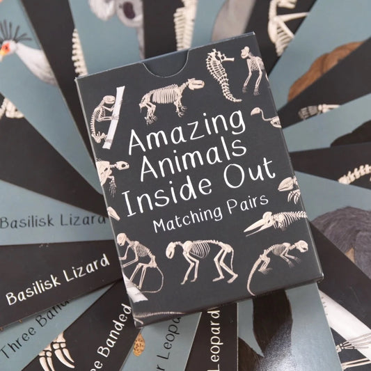 Card game box titled 'Amazing Animals Inside Out' with animal skeletons on a matching card background.
