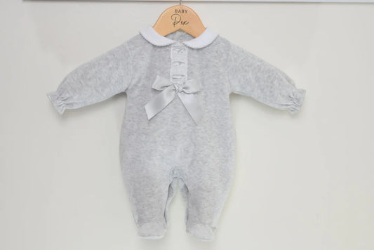 Pex Grey Velour Bow Sleepsuit