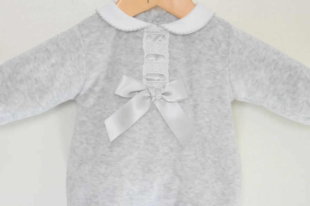 Pex Grey Velour Bow Sleepsuit