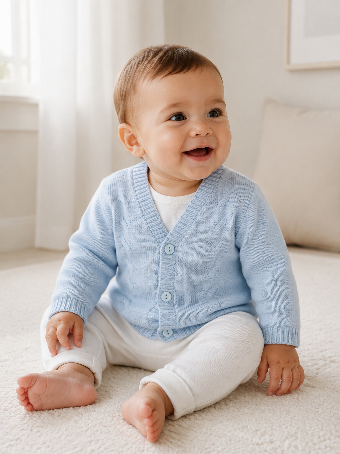 Baby wearing Little Nosh blue cable knit cardigan