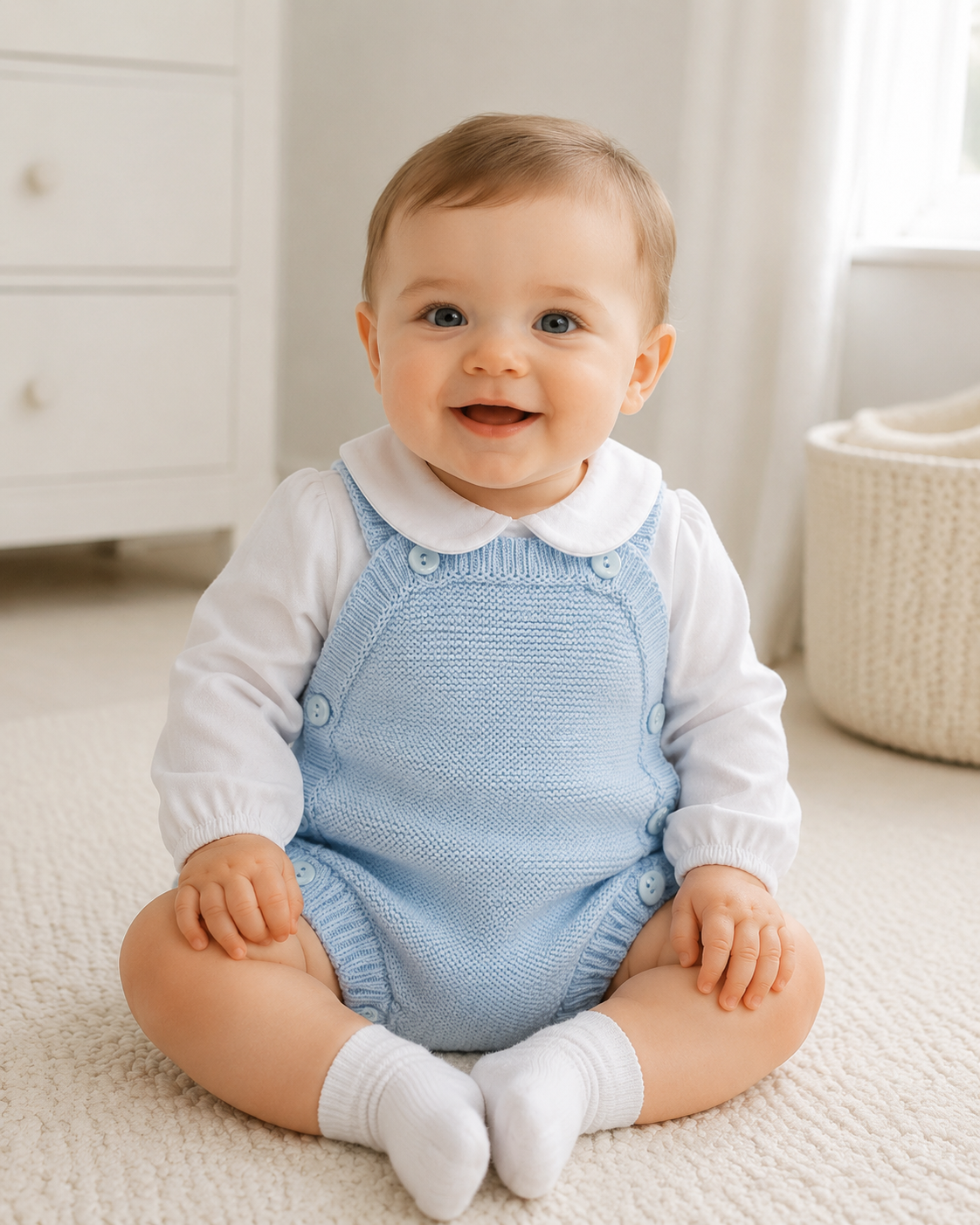 Baby wearing Little Nosh blue knitted romper and white Peter Pan collar shirt