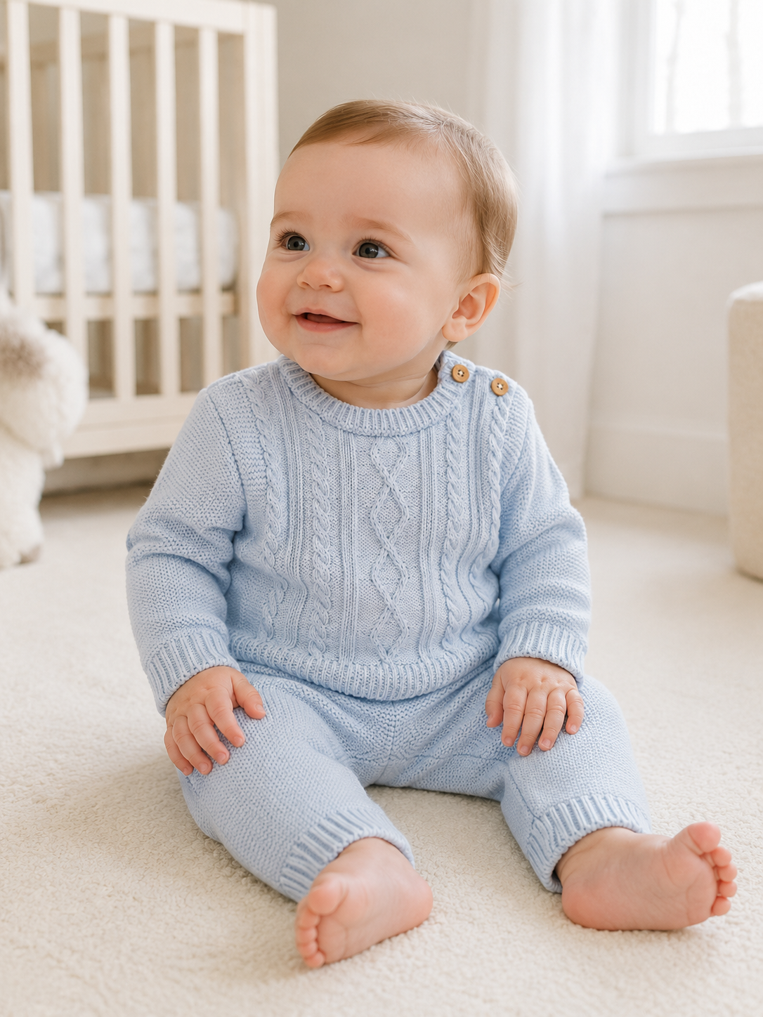 Baby wearing Little Nosh blue cable knit jumper and trouser set