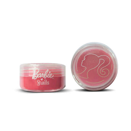 Barbie Snails Lip Balm in Pink inside a twist-top circular container featuring a pink Barbie silhouette logo side-by-side with a clear view of the tinted lip balm product.