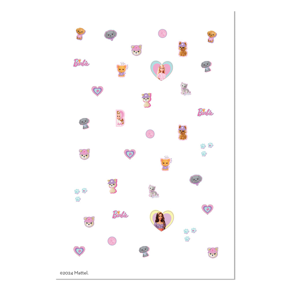 A sheet of Barbie-themed nail stickers featuring various character designs, hearts, paw prints, and the Barbie logo on a white background, with a Mattel copyright notice at the bottom.