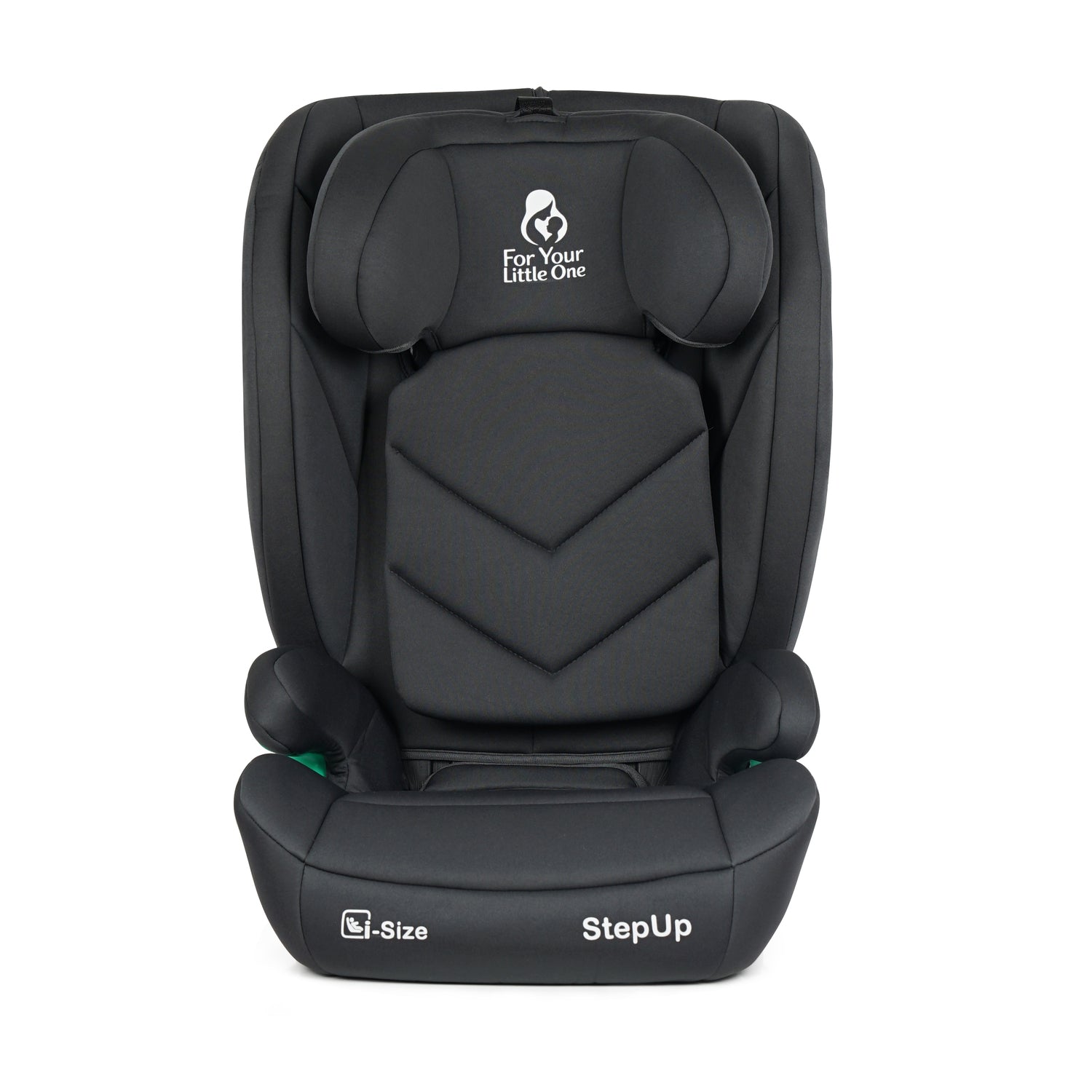 A black StepUp car seat by Your Little One, shown from a front-facing perspective on a solid white background.