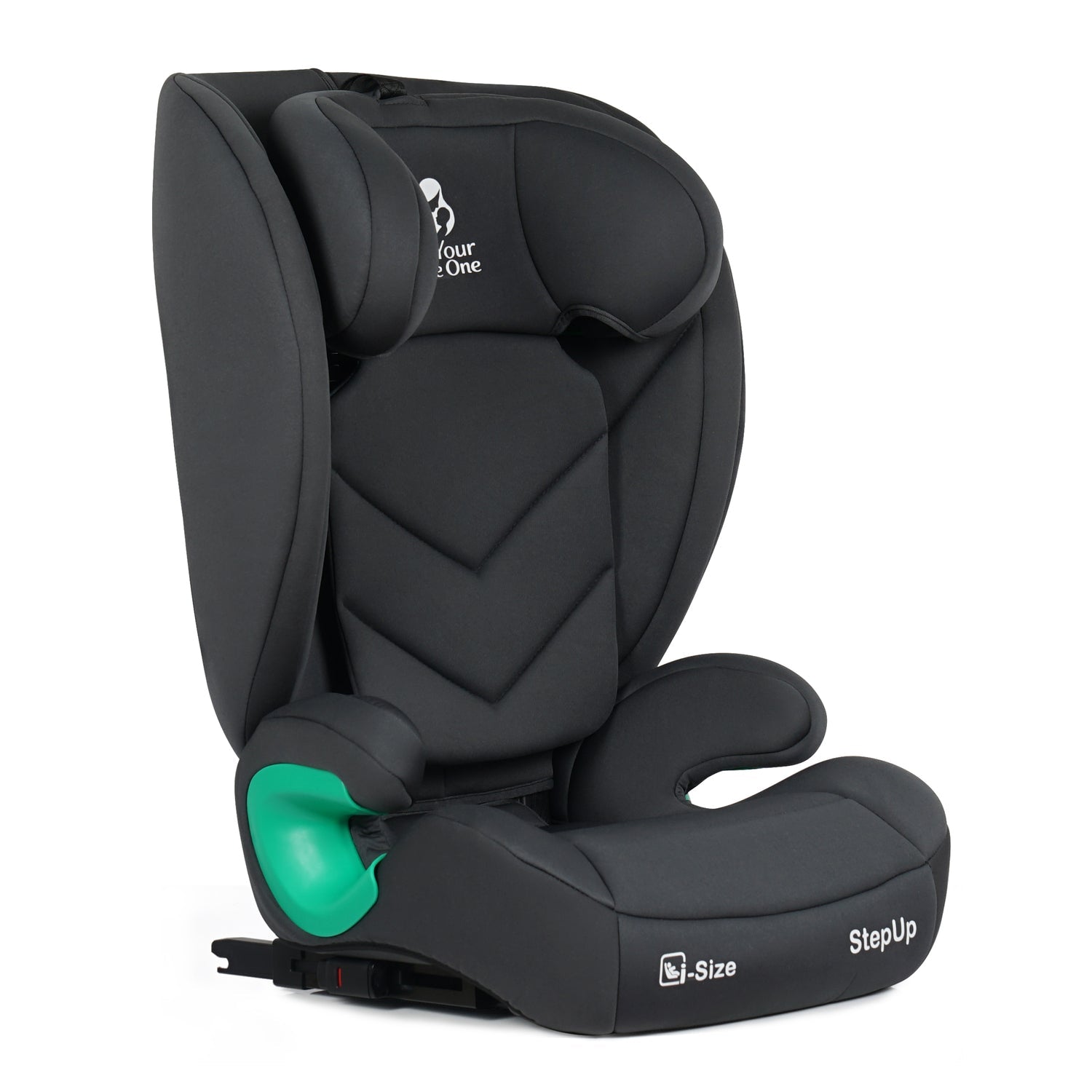 A black Four One StepUp 1-Size child car seat with a bright green adjustment knob, shown on a solid white background.