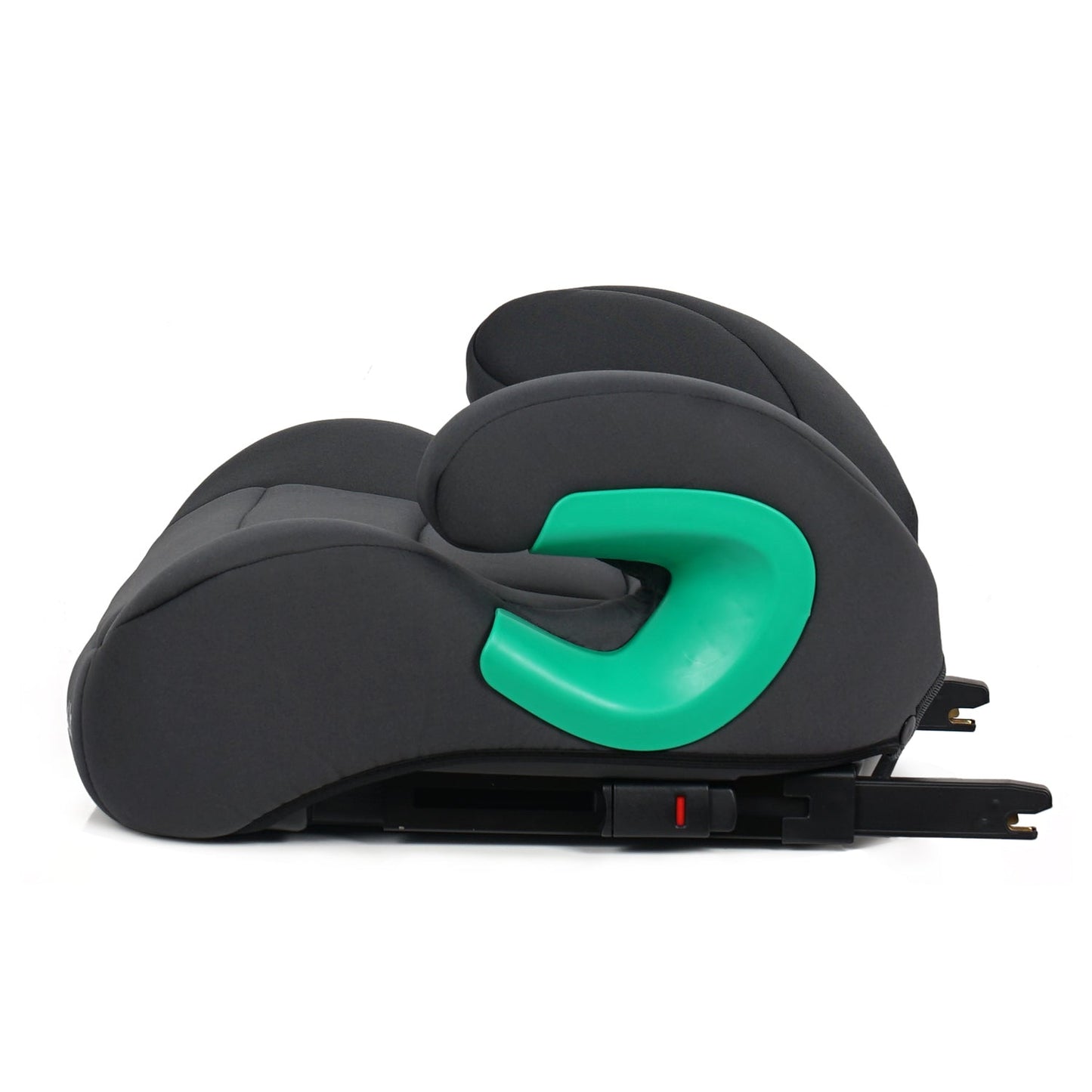 A black child car seat with a bright green side support arm, shown from a side profile view on a clean white background.