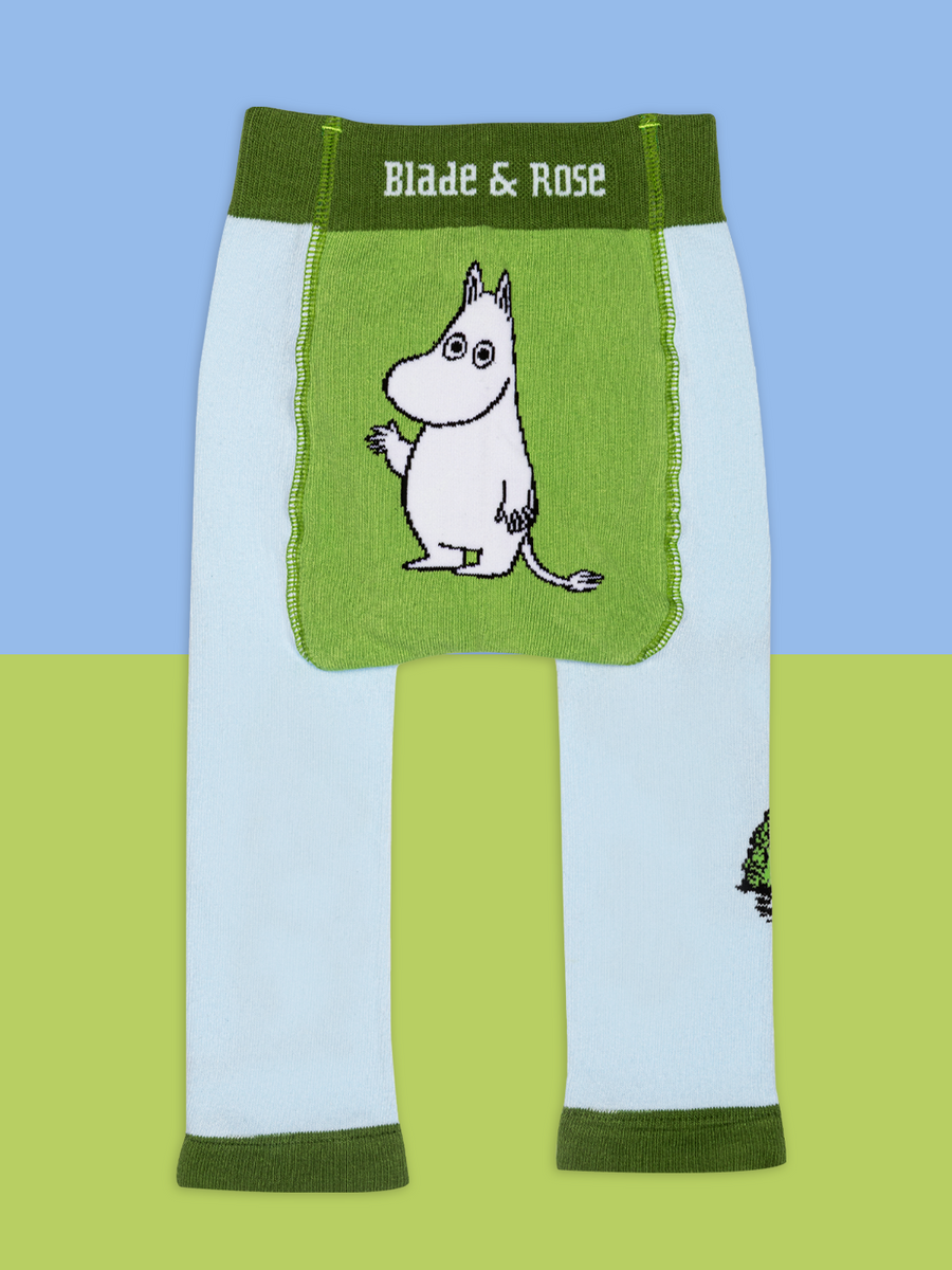 Children's leggings with a Moomin character and 'Blade & Rose' branding on a blue and green background.