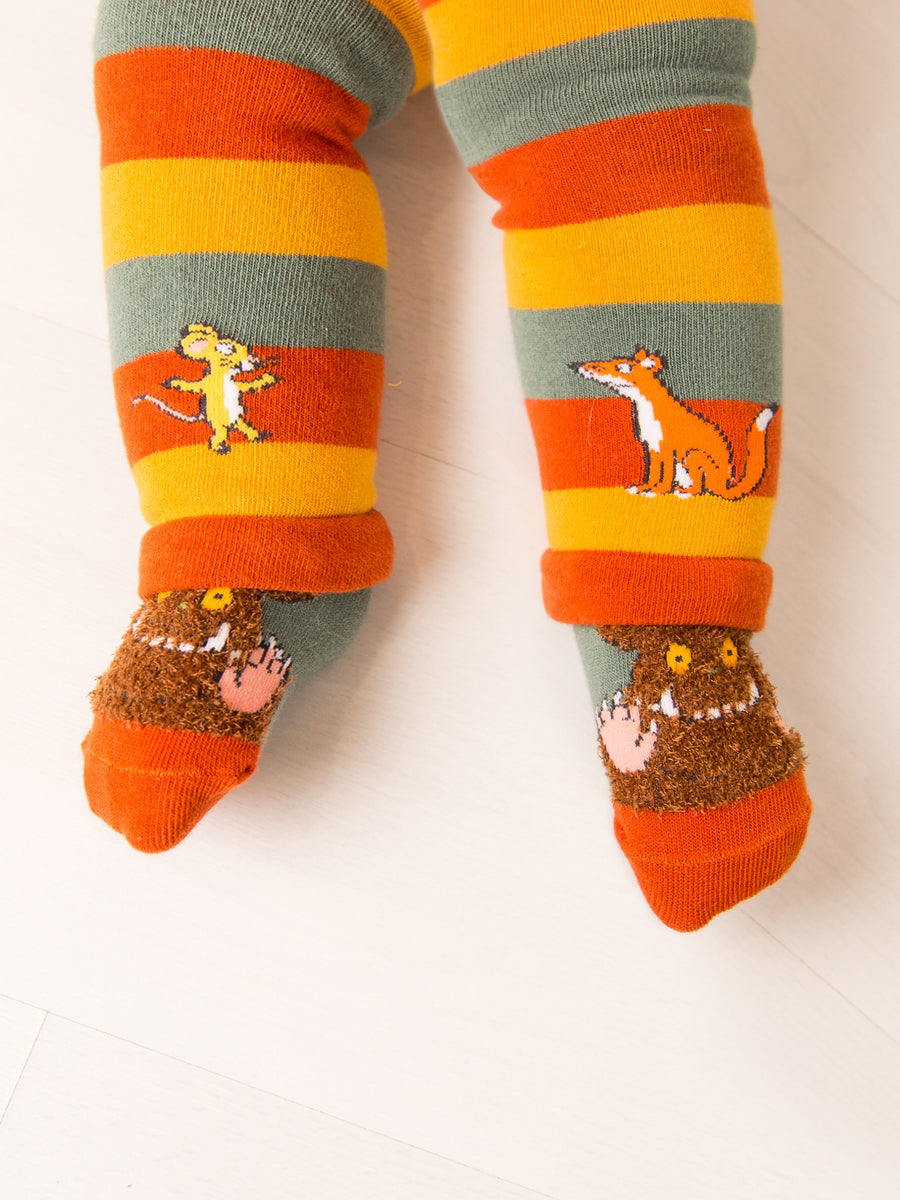 Colorful childrens socks with Gruffalo illustrations on a white background