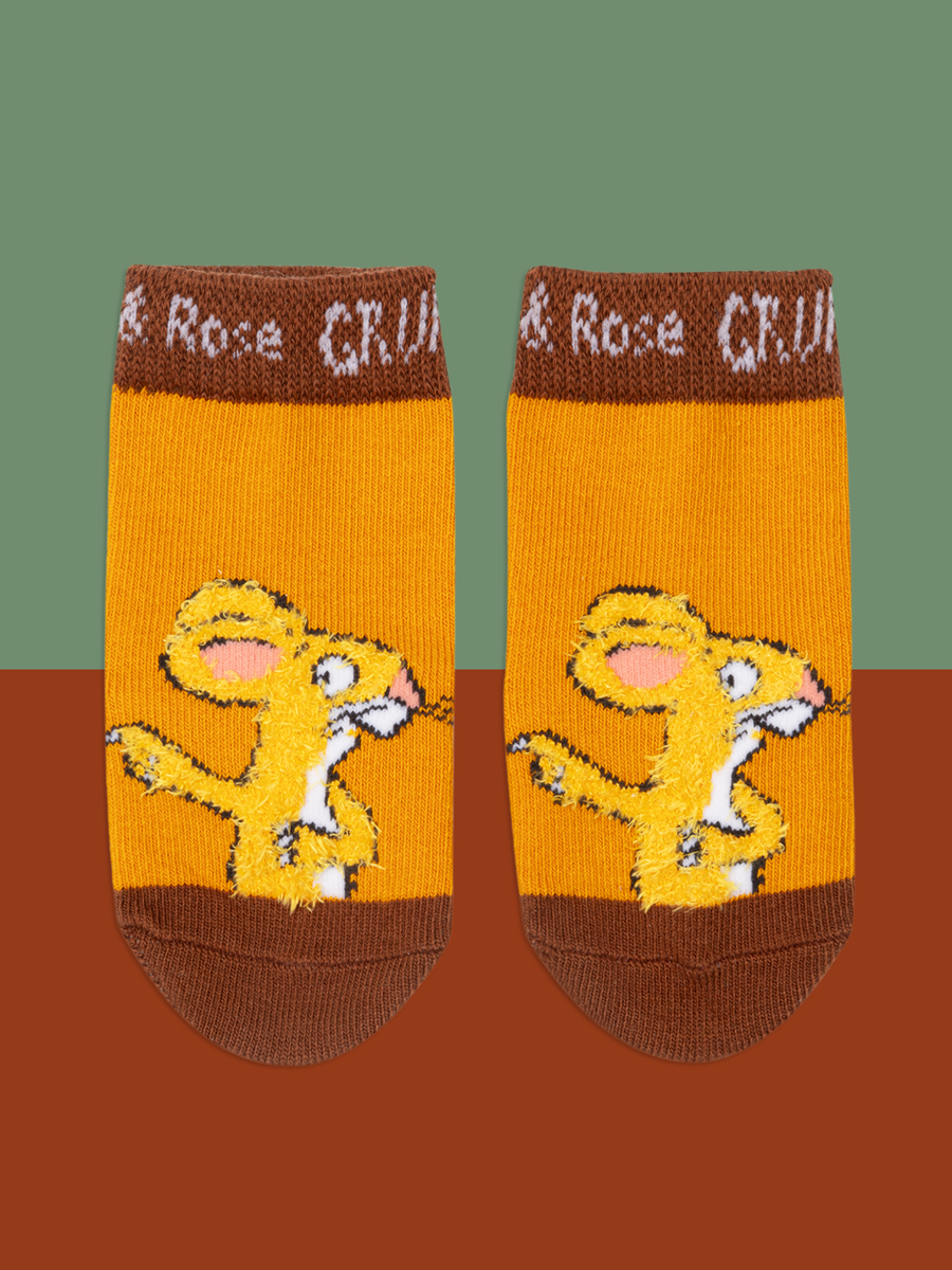 Pair of  childrens socks with the Gruffalo mouse design on an orange background