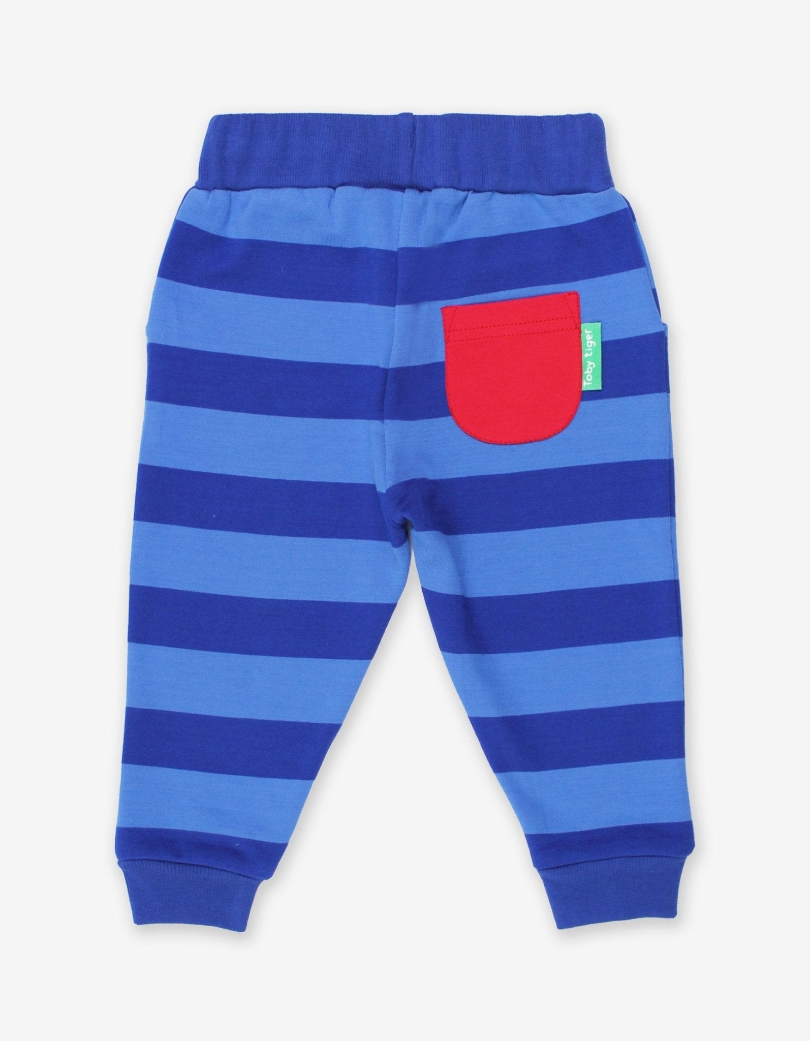 Blue striped joggers with a red pocket on a white background