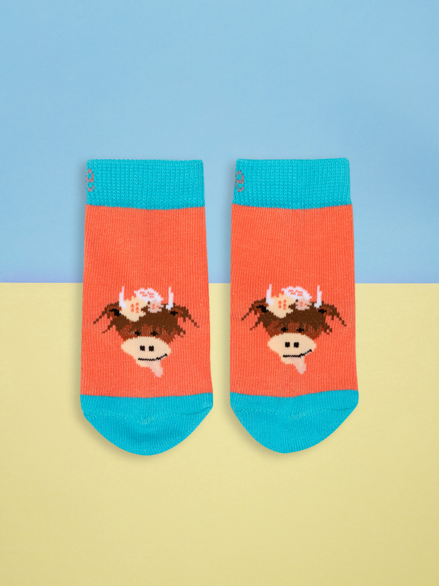 Pair of childrens socks with a highland cow design on a blue and yellow background