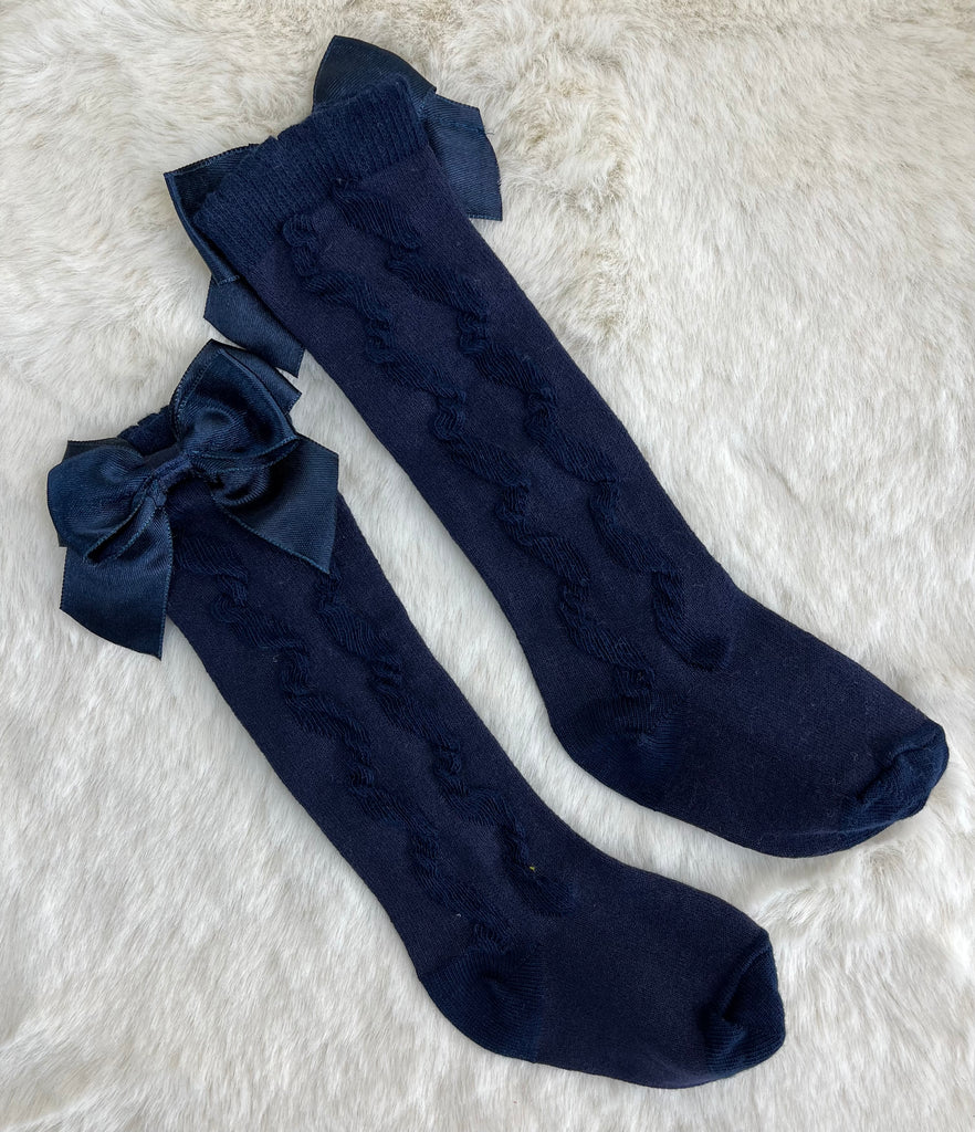 Pex Grazia Navy Knee High Ribbon Bow Socks
