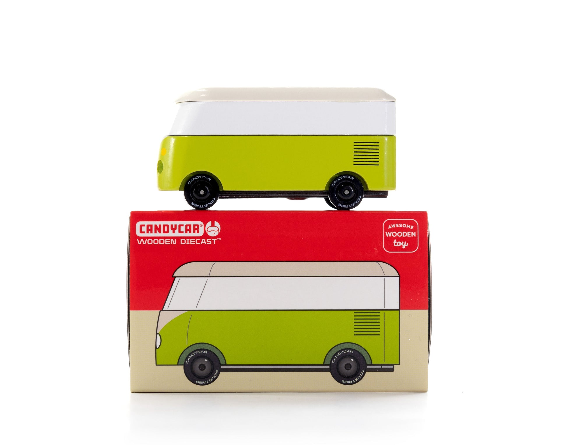 Green toy van on top of its packaging box with 'Candy Car' branding.