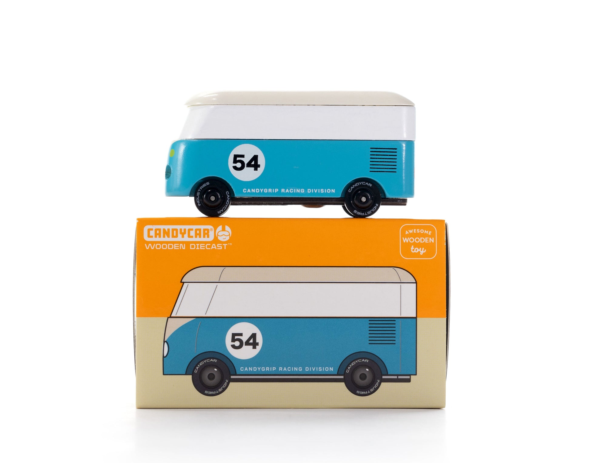 Blue toy van with white number 54 on a matching box against a white background