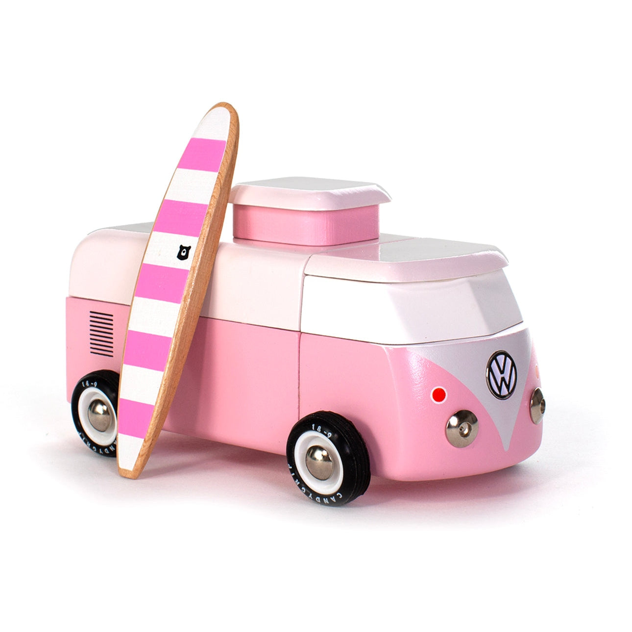 Pink and white toy van with a surfboard on a white background