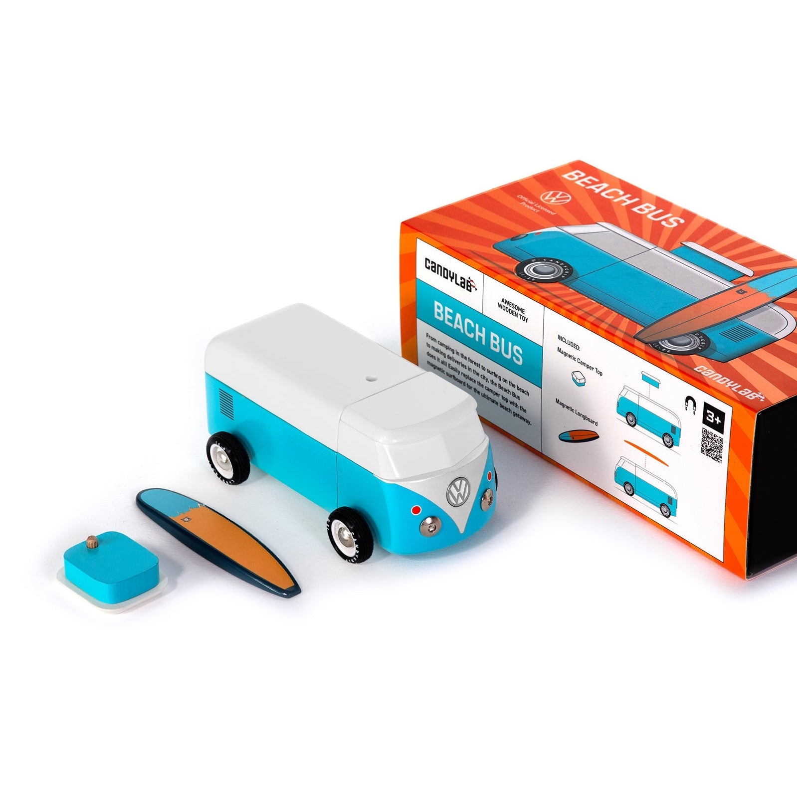 Toy beach bus with surfboard and packaging on a white background