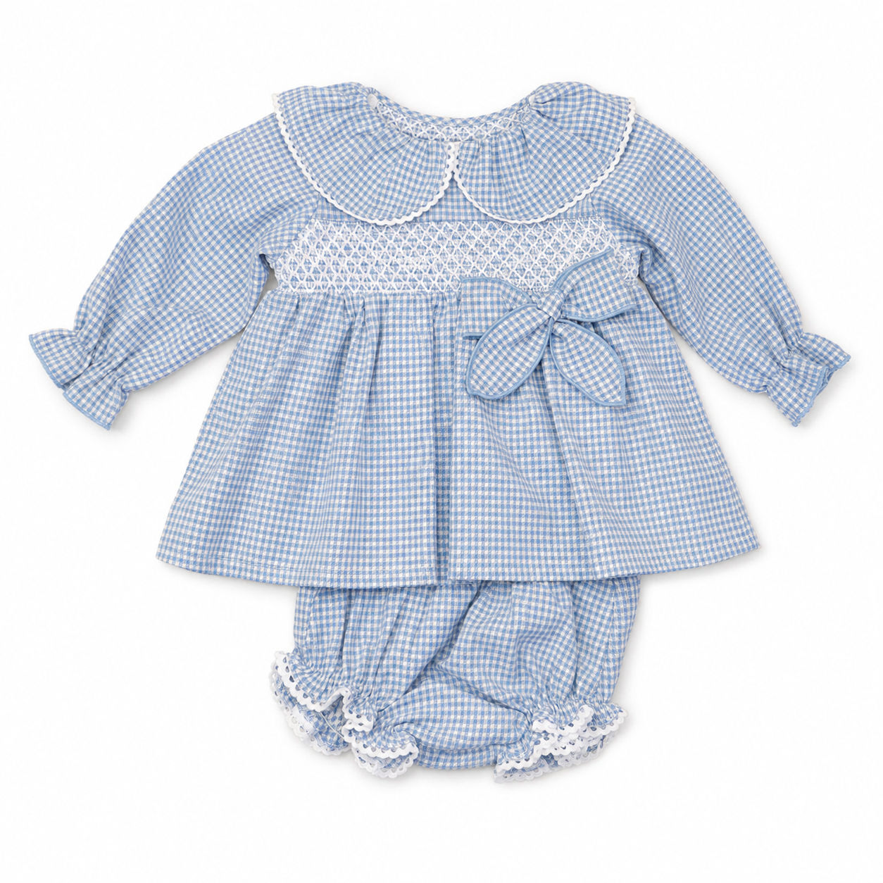 Little Nosh Baby Girls Blue Gingham Smocked Top & Bloomers Set