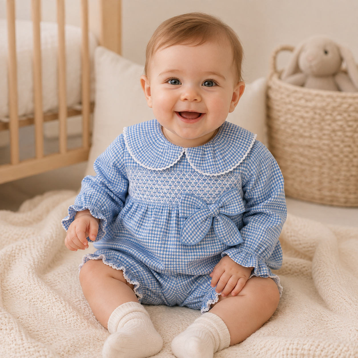 Little Nosh Baby Girls Blue Gingham Smocked Top & Bloomers Set