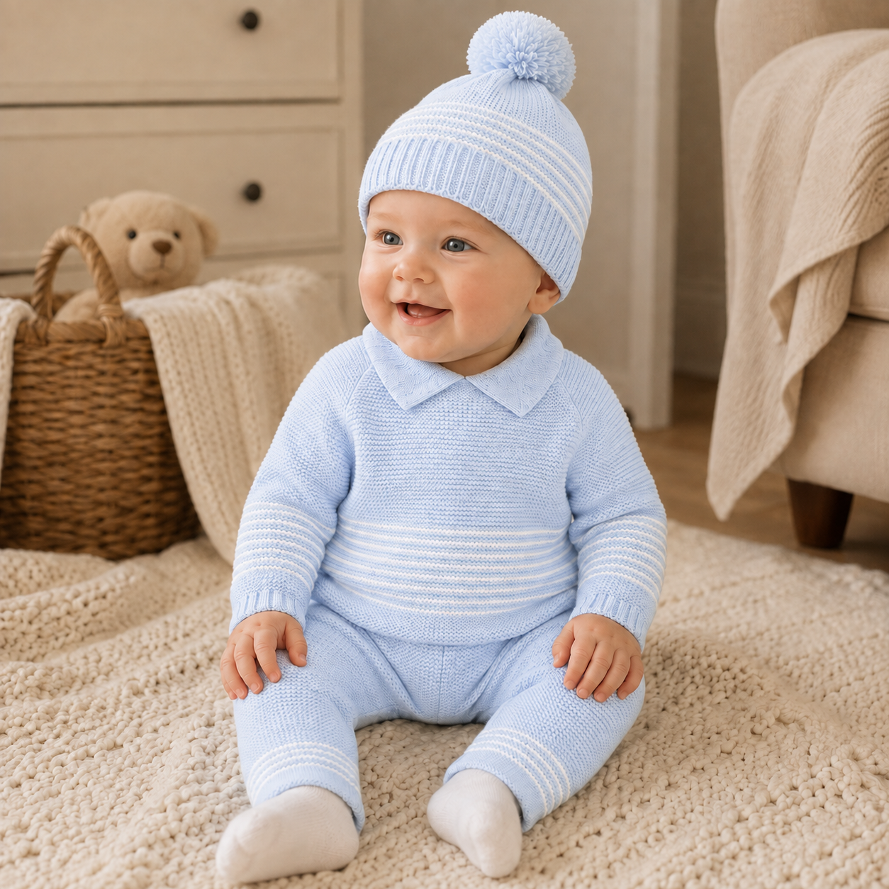 Little Nosh Baby Boys Blue Knitted Three Piece Set