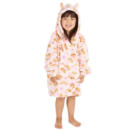 Child wearing a pink fleece hoodie with bear designs on a white background.