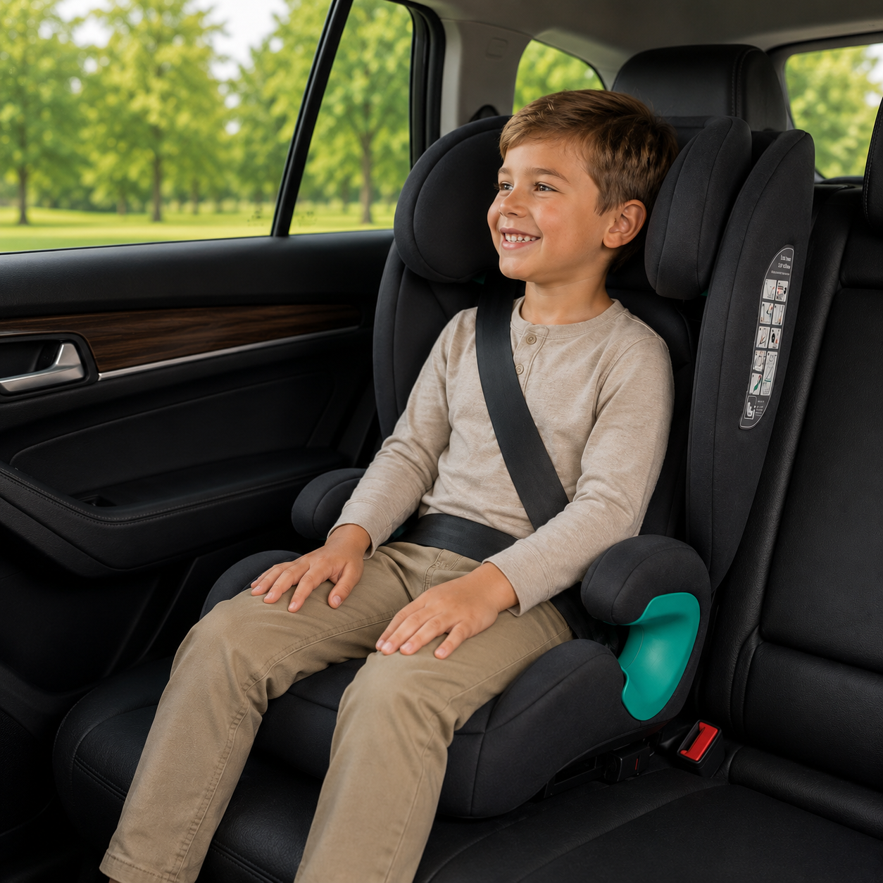 A smiling young boy sits in a black child car seat with a teal side impact protector inside a vehicle. The child is wearing a beige long-sleeve shirt and khaki pants, secured with a black seat belt.