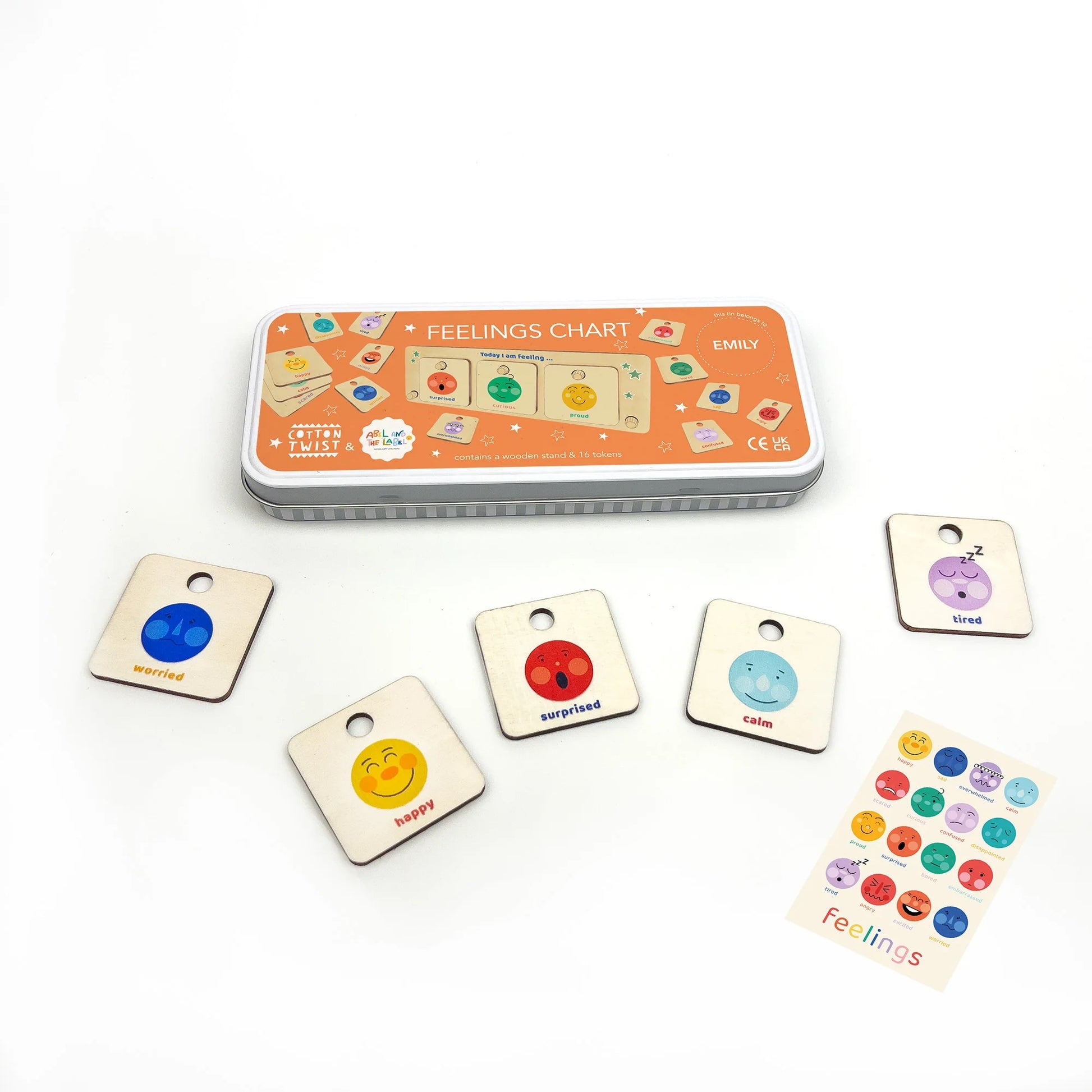 Feelings chart with colorful cards and a tin box on a white background
