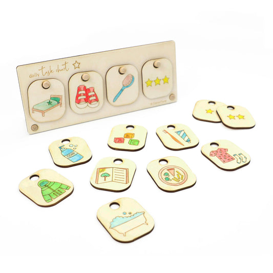 Wooden educational toy with colorful tags and a storage box on a white background