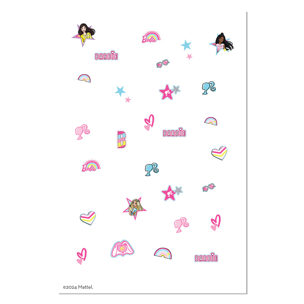 A sheet of Barbie-themed temporary tattoos or decals featuring various cartoon designs including rainbows, stars, hearts, and the word 'Barbie' in pink lettering, displayed on a white background with a Mattel copyright notice at the bottom.