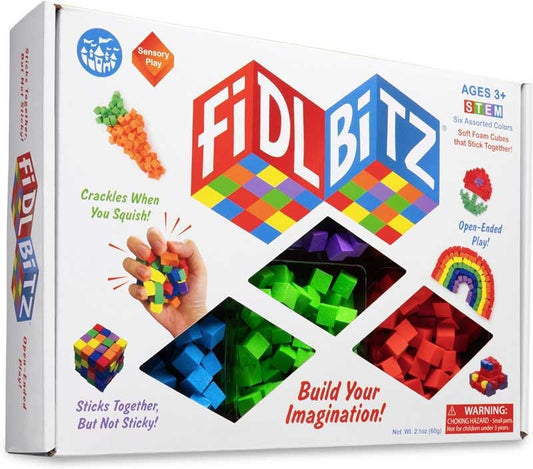 FIDL BITZ toy packaging with colorful building blocks and text on a white background