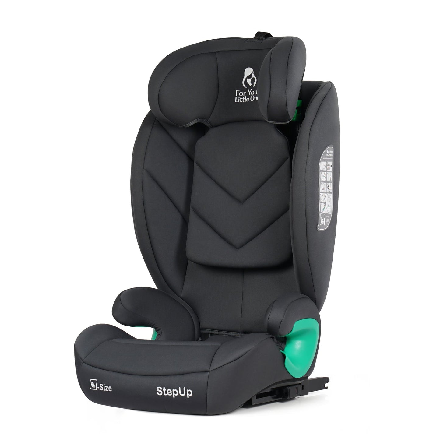 A black StepUp car seat by For You Little One, featuring a padded headrest, chevron stitching on the backrest, and bright green plastic side release buttons, shown on a plain white background.