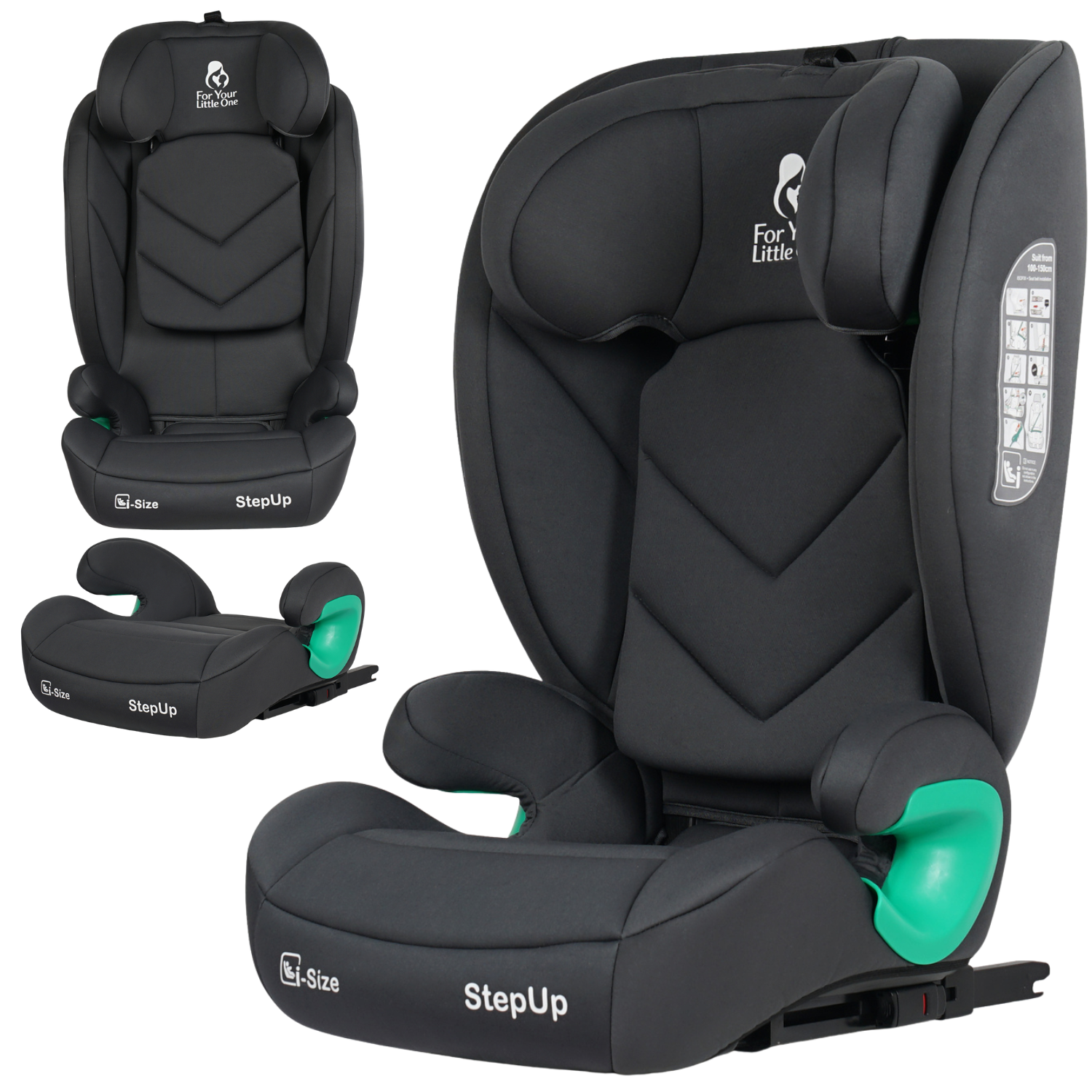 Black toddler car seat with StepUp configuration, shown from multiple angles including front, side, and base views. Features bright green side bolsters and white printed branding including 'For My Little' and 'StepUp'.