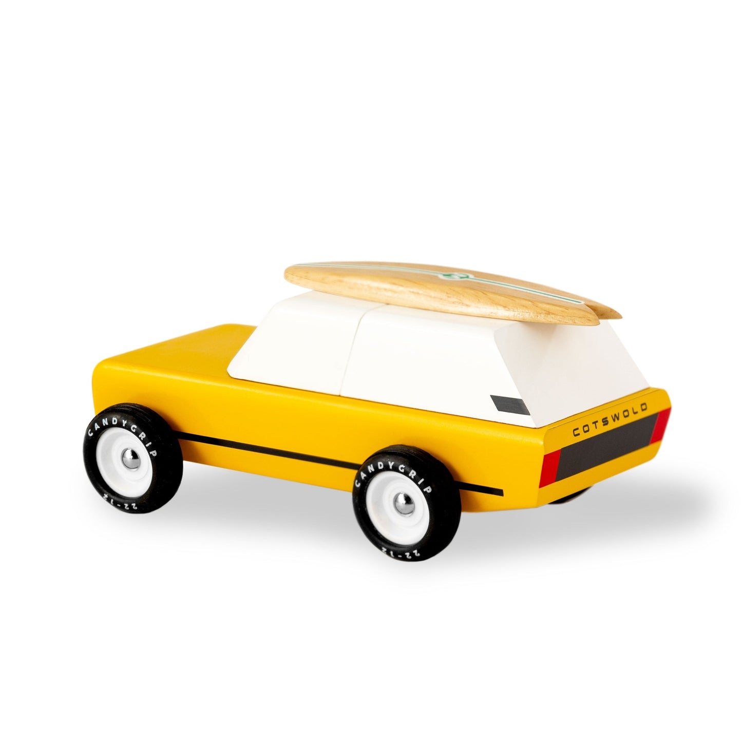 Yellow toy car with a wooden top on a white background