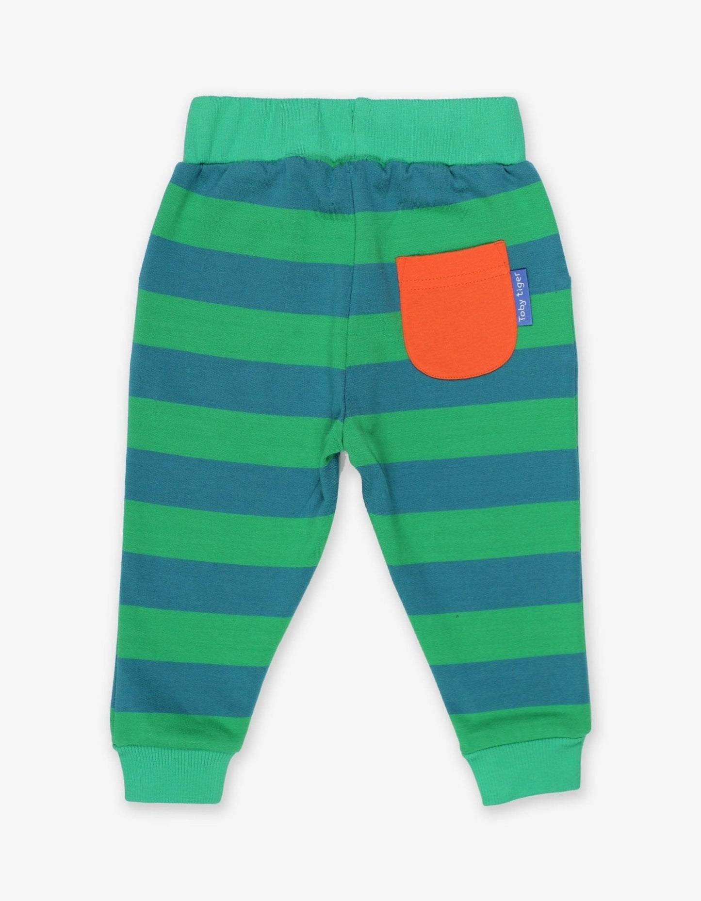 Green and blue striped pants with an orange pocket on a white background