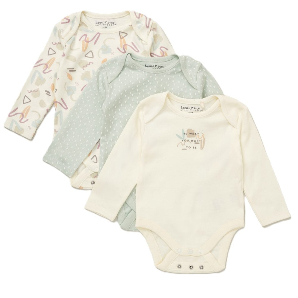 Three pack of baby bodysuits with different patterns on a white background