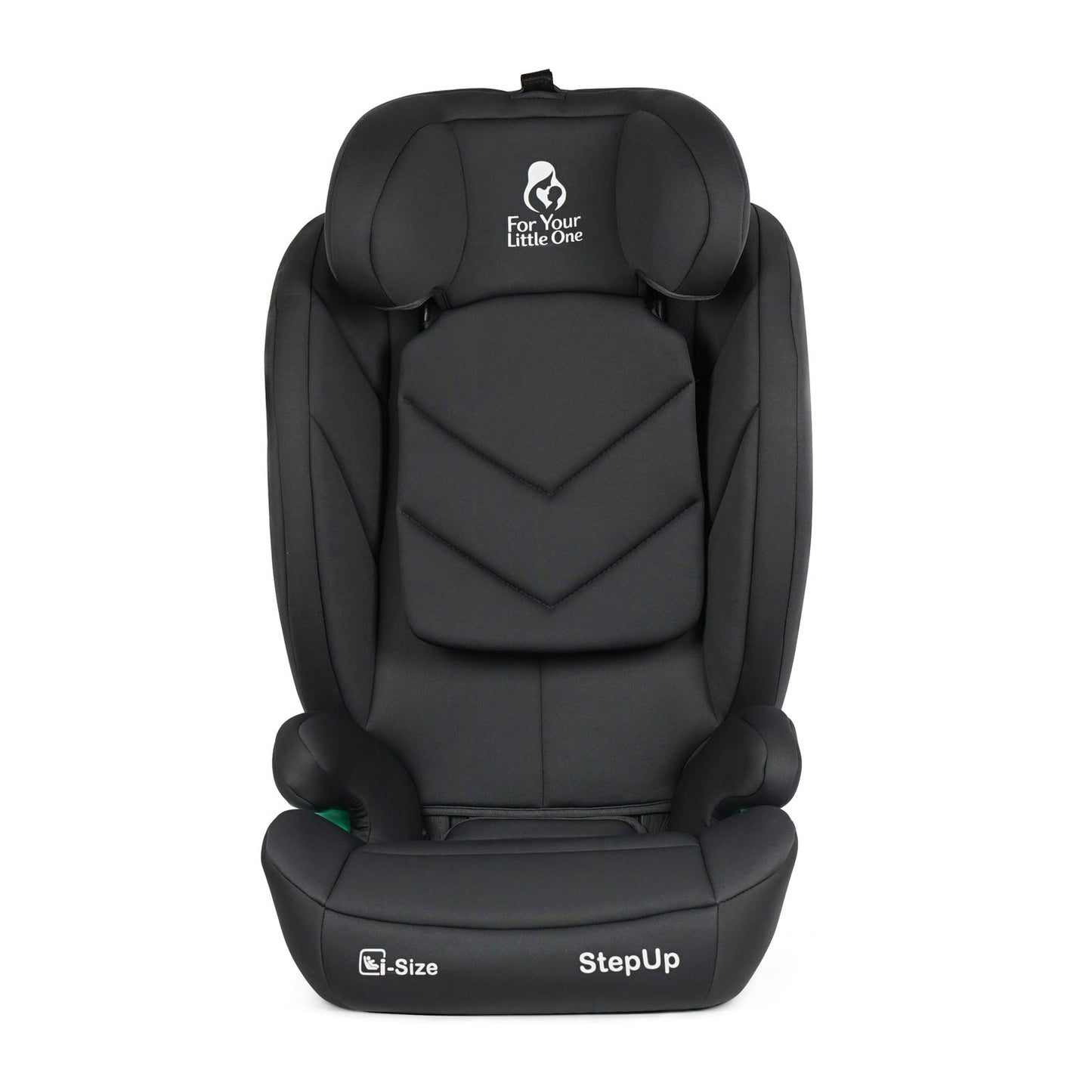 A black Graco StepUp N-Size car seat on a clean white background, featuring the 'For Your Little One' logo on the headrest and 'StepUp' on the base.