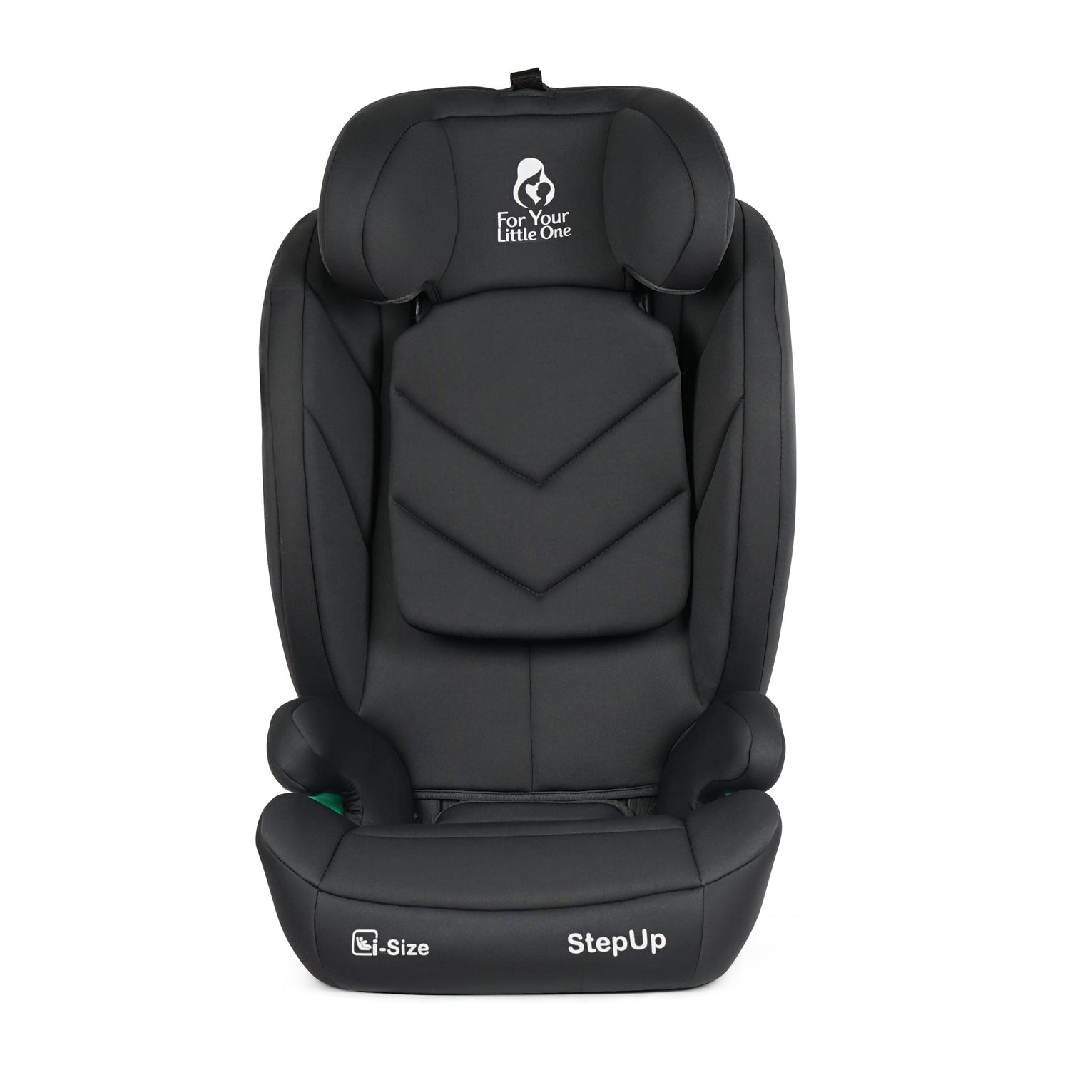 A black Graco StepUp N-Size car seat on a clean white background, featuring the 'For Your Little One' logo on the headrest and 'StepUp' on the base.