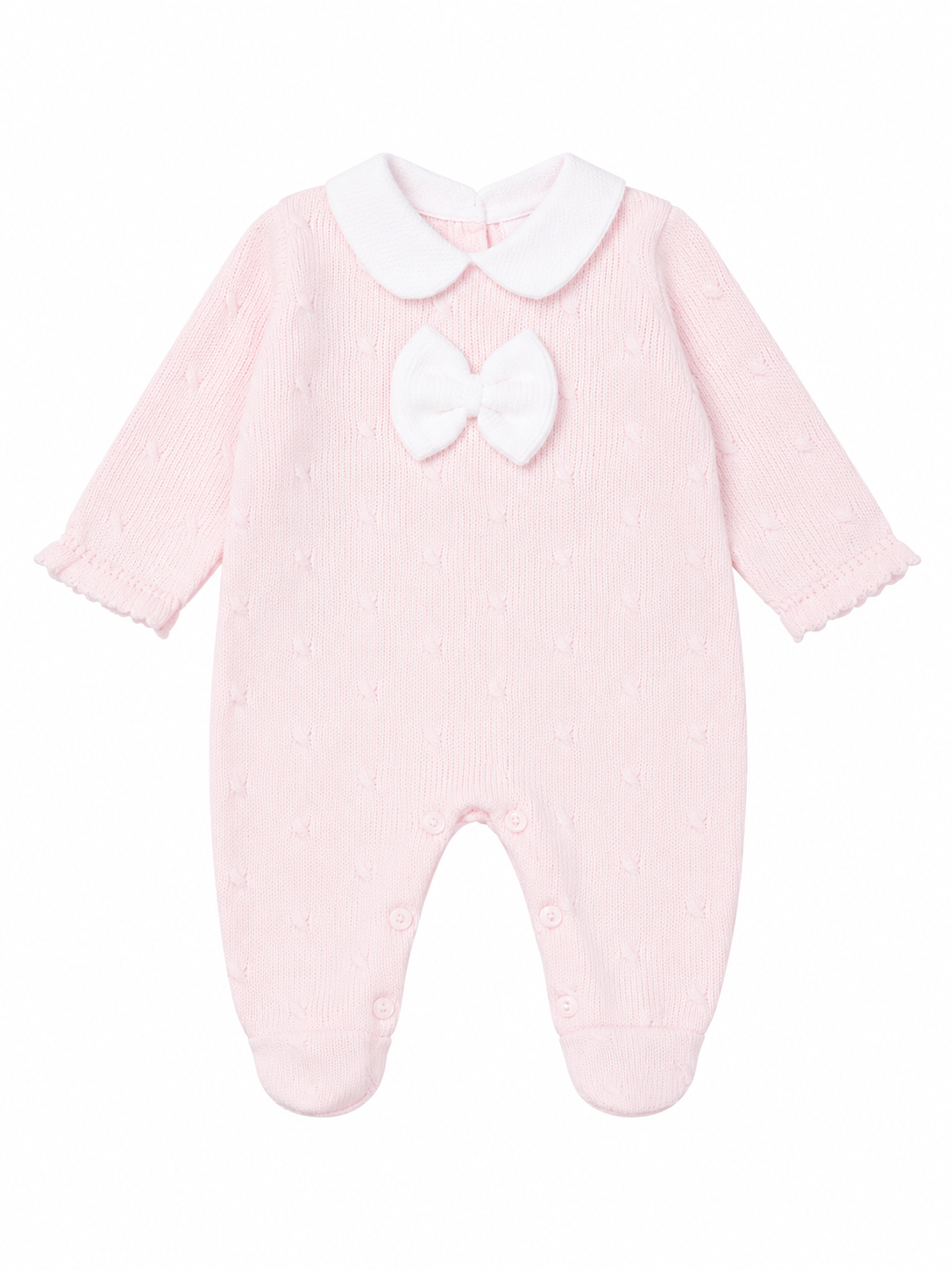 Little Nosh pink knitted baby girls sleepsuit with white bow