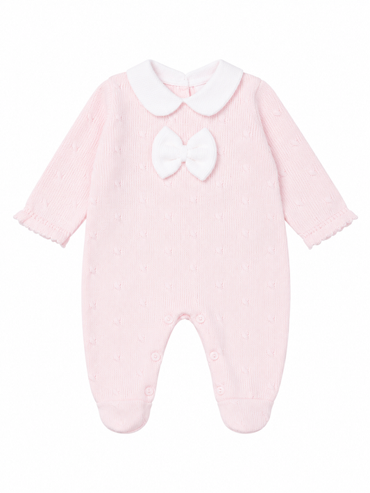 Little Nosh pink knitted baby girls sleepsuit with white bow