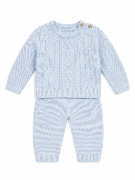 Little Nosh baby boys blue cable knit jumper and trouser set