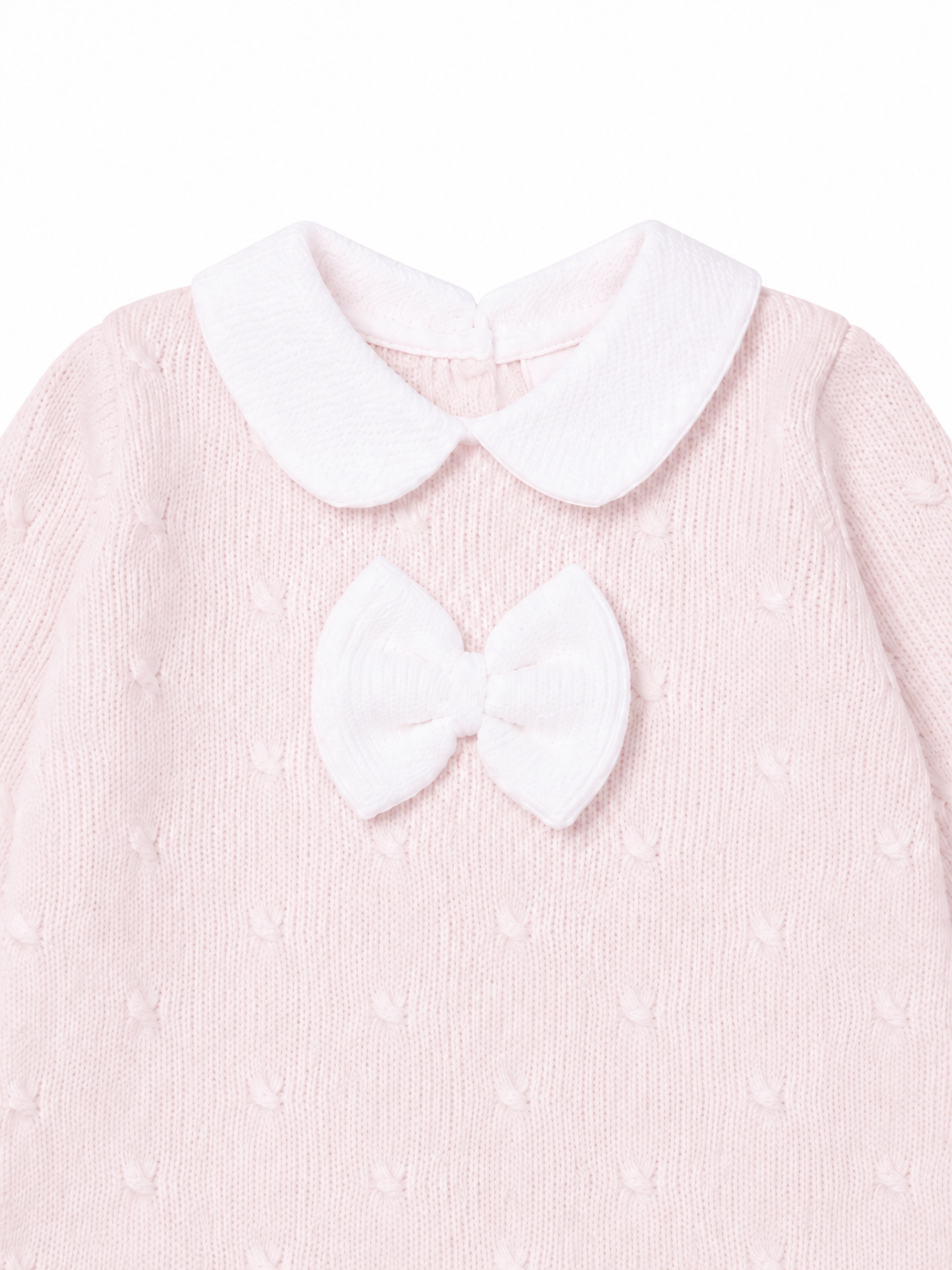Little Nosh pink knitted baby sleepsuit white bow and collar detail