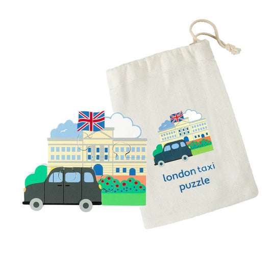 London Taxi wooden puzzle with cotton storage bag by Orange Tree Toys