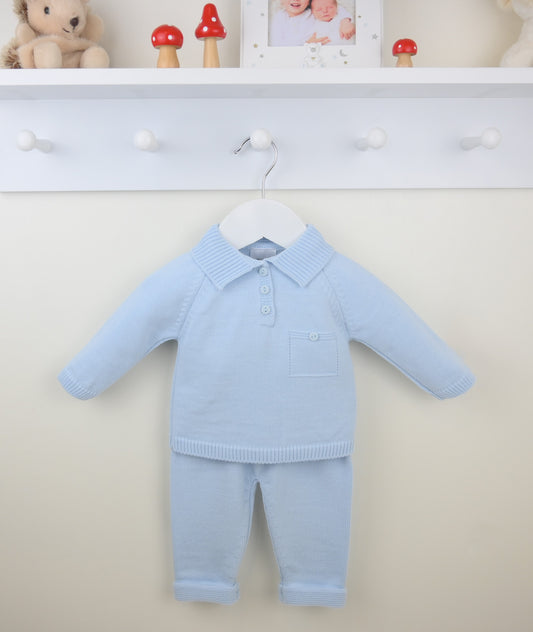 Light blue baby outfit on a hanger against a white background