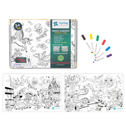 Coloring book set with illustrations and markers on a white background