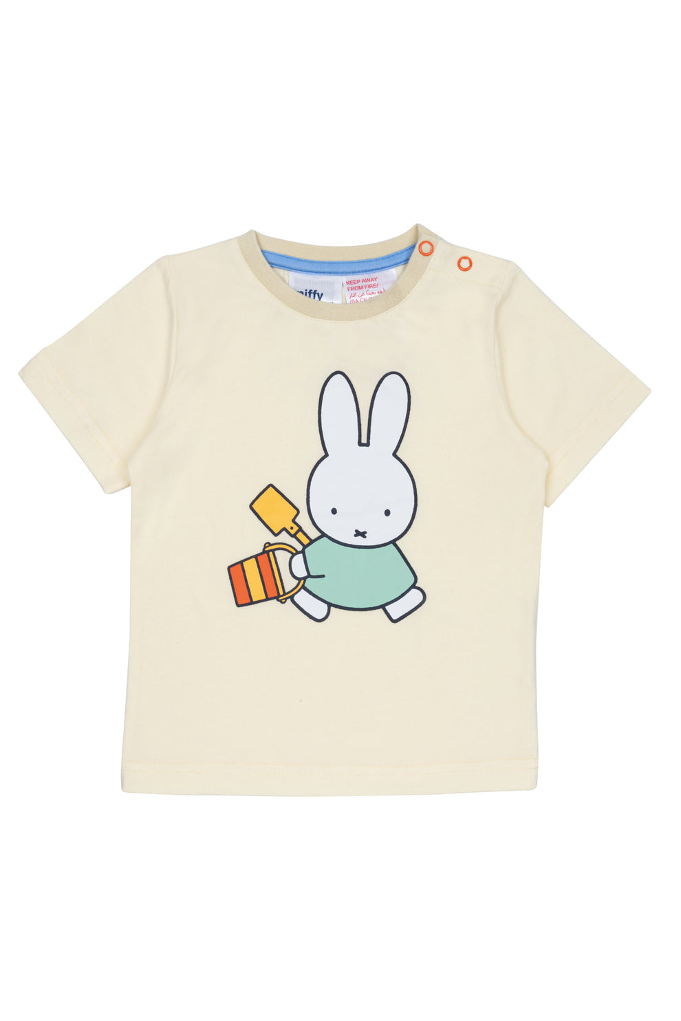 Beige t-shirt with a miffy cartoon character holding a colorful bucket and spade on a white background