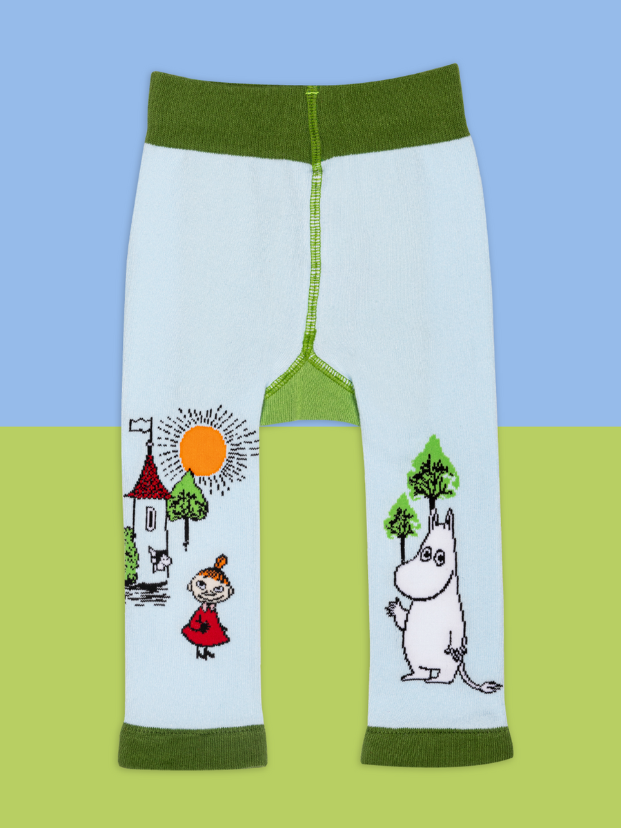 Children's leggings with Moomin characters on a blue and green background