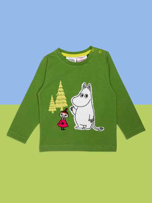 Green children's long-sleeve shirt with Moomin character design on a blue and green gradient background