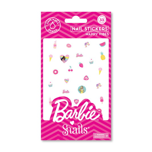 Barbie x Snails nail stickers packaging with pink and white design