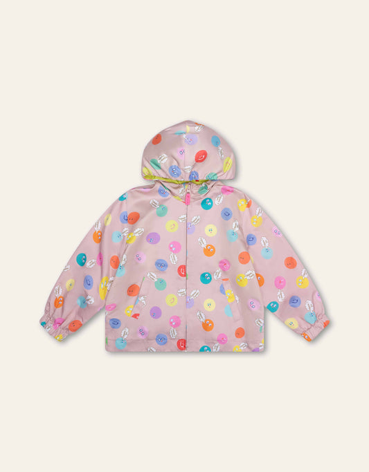 Children's raincoat with colorful pattern on a white background