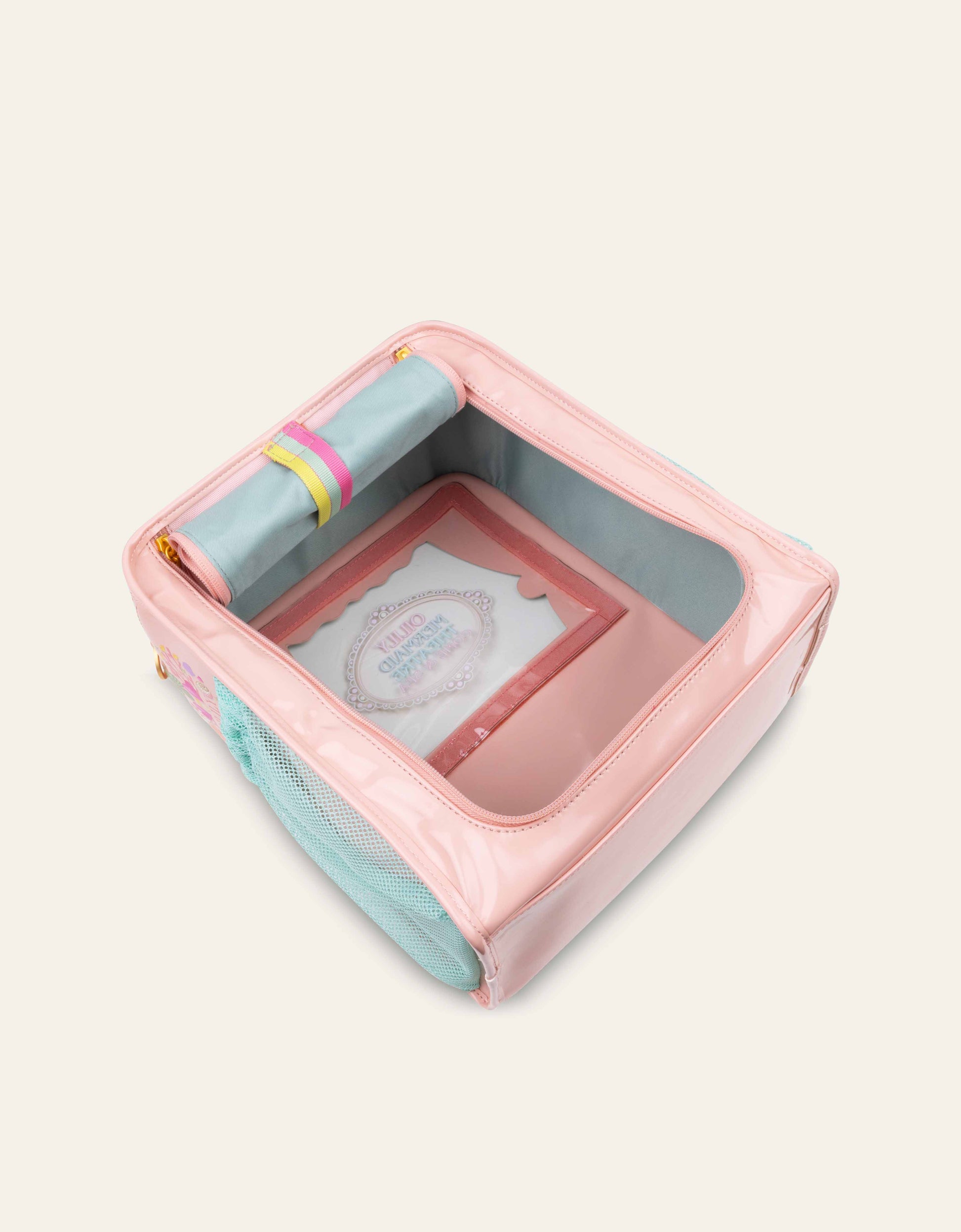 Pink and light blue mermaid bag with compartments on a white background